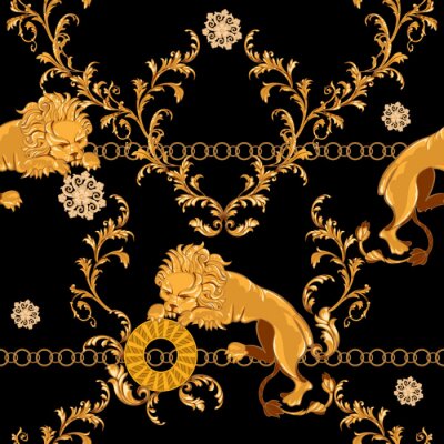Papier peint à motif  Motif luxueux avec des lions sur fond noir