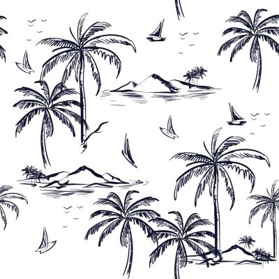 Papier peint à motif  Motif magnifique île sans soudure sur fond blanc. Paysage avec palmiers, plage et océan vecteur style dessiné à la main.