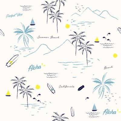 Motif magnifique île sans soudure sur fond blanc. Paysage avec palmiers, plage et océan vecteur style dessiné à la main.