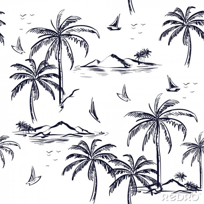 Papier peint à motif  Motif magnifique île sans soudure sur fond blanc. Paysage avec palmiers, plage et océan vecteur style dessiné à la main.
