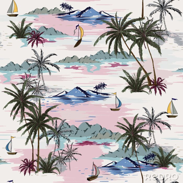 Papier peint à motif  Motif magnifique île sans soudure sur fond blanc. Paysage avec vecteur de palmiers, plage et océan