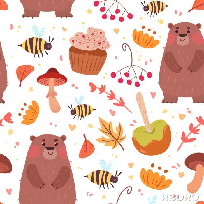 Papier peint à motif  Motif mignon d'automne sans soudure avec de la nourriture et de l'ours