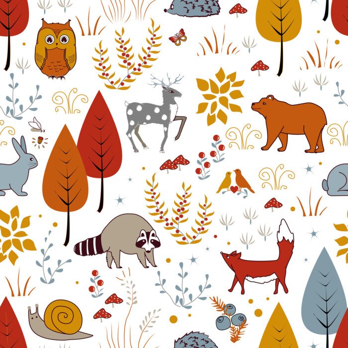 Papier peint à motif  Motif mignon sans vecteur avec les plantes forestières, les oiseaux, les ours, les cerfs, le raton laveur et le renard. Fond d'automne des enfants