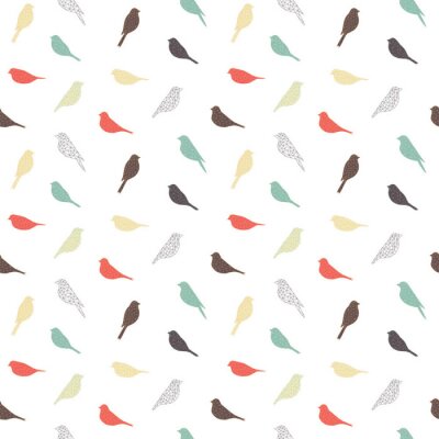 Papier peint à motif  Motif minimaliste blanc avec petits oiseaux colorés