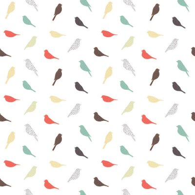 Papier peint à motif  Motif minimaliste blanc avec petits oiseaux colorés
