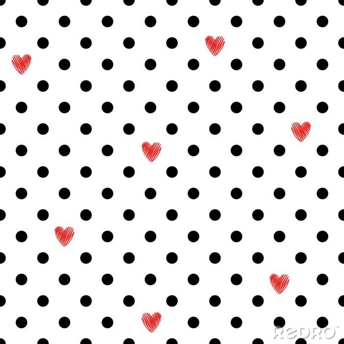 Papier peint à motif  Motif noir et blanc à points et à cœurs rouges