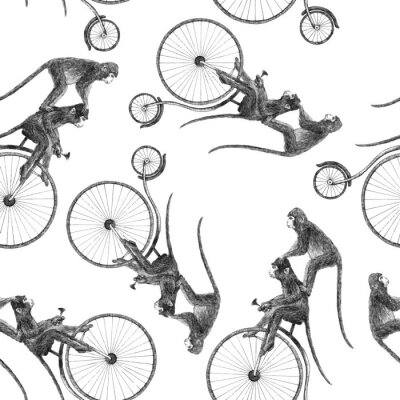 Papier peint à motif  Motif noir et blanc avec de charmants singes sur des vélos