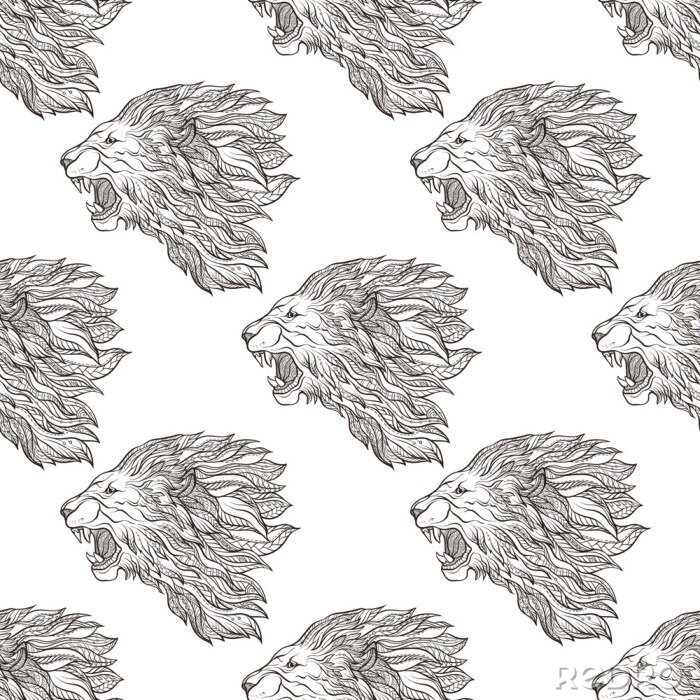 Papier peint à motif  Motif noir et blanc avec des lions rugissants