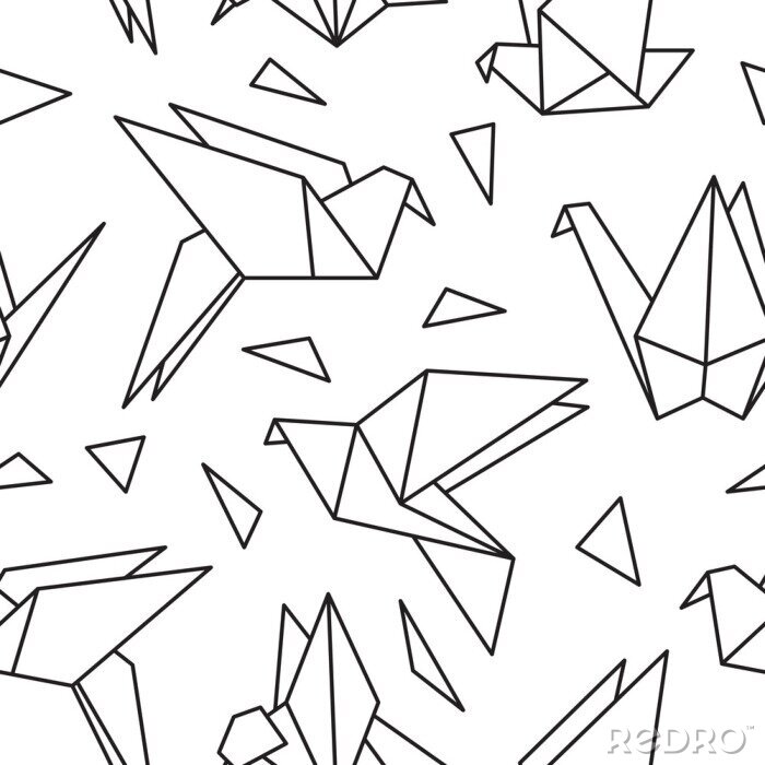 Papier peint à motif  Motif noir et blanc avec des oiseaux en origami