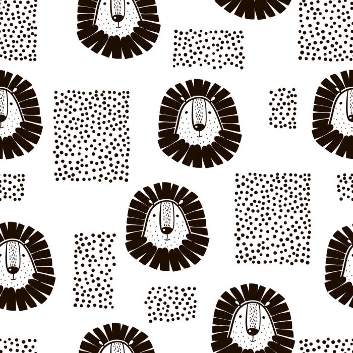 Papier peint à motif  Motif noir et blanc pour les enfants avec des lions