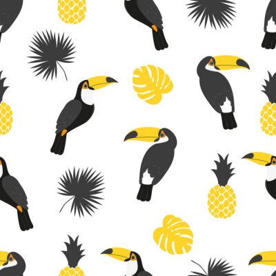 Papier peint à motif  Motif noir et jaune avec oiseaux toucan et ananas