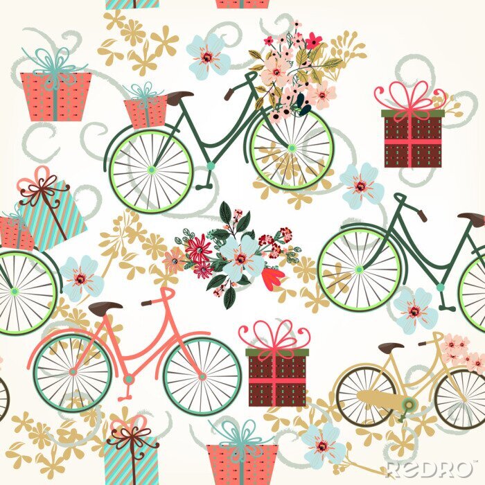 Papier peint à motif  Motif papier peint à fleurs avec des bicyclettes et des fleurs