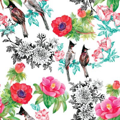 Papier peint à motif  Motif paradisiaque avec des oiseaux