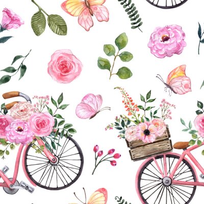 Papier peint à motif  Motif rétro avec une bicyclette rose et des fleurs aquarellées