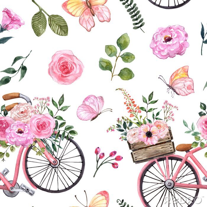 Papier peint à motif  Motif rétro avec une bicyclette rose et des fleurs aquarellées