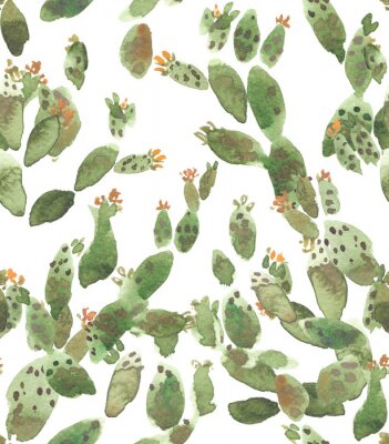 Papier peint à motif  Motif sans couture avec des cactus fleuris vert peint dans l'aquarelle sur fond blanc isolé