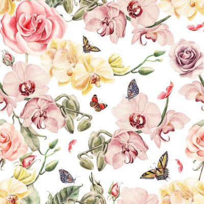 Papier peint à motif  Motif sans couture avec des fleurs d'orchidée, des roses et des feuilles.