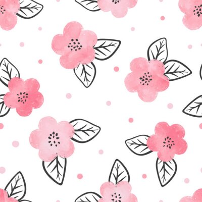 Papier peint à motif  Motif sans couture avec des fleurs roses et des feuilles noires d'aquarelle.