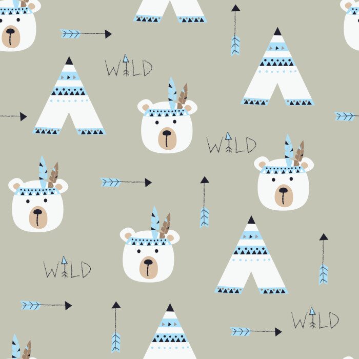 Papier peint à motif  Motif sans couture avec des ours et des wigwams indiens