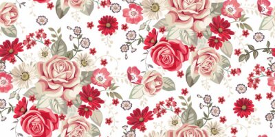 Motif sans couture avec des roses pâles et des fleurs rouges sur fond blanc