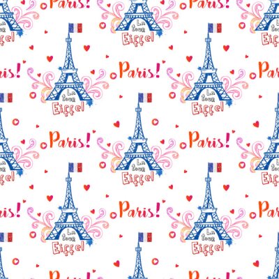 Papier peint à motif  Motif sans couture avec la Tour Eiffel et des ornements sur fond blanc.