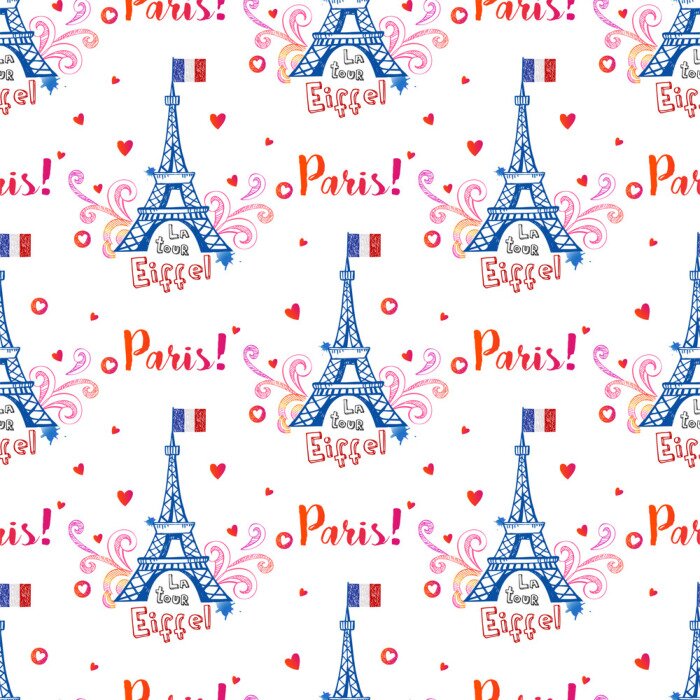 Papier peint à motif  Motif sans couture avec la Tour Eiffel et des ornements sur fond blanc.