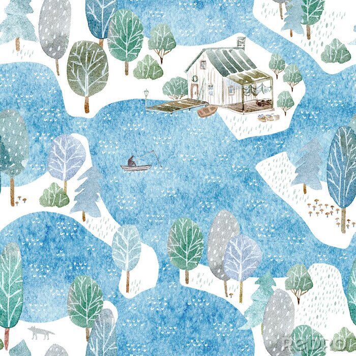 Papier peint à motif  Motif sans couture d'une maison de pêcheur, d'une île et d'un jardin.Le paysage d'une forêt, d'un lac, d'un pont et d'un lac.