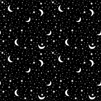 Motif sans faille avec l'espace dans les couleurs noires et blanches. Vecteur, fond, étoiles, croissant, lunes