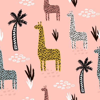 Papier peint à motif  Motif sans faille avec la girafe, le palmier, les formes dessinées à la main et les textures. Texture africaine pour tissu, textile. Contexte vectoriel