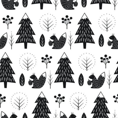 Papier peint à motif  Motif scandinave noir et blanc avec des écureuils dans la forêt