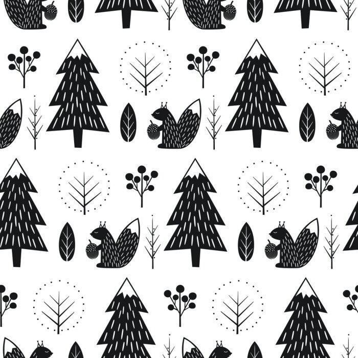 Papier peint à motif  Motif scandinave noir et blanc avec des écureuils dans la forêt