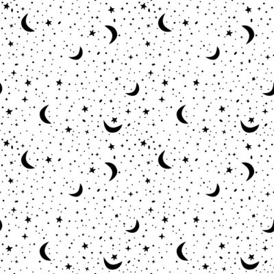 Papier peint à motif  Motif transparent avec espace dans les couleurs blanches et noires. Vecteur, fond, étoiles, croissant, lunes