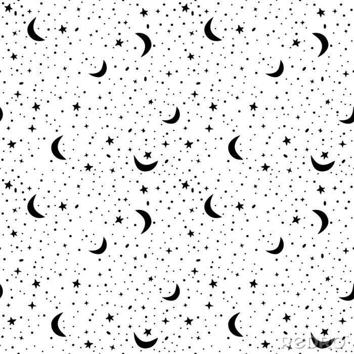 Papier peint à motif  Motif transparent avec espace dans les couleurs blanches et noires. Vecteur, fond, étoiles, croissant, lunes
