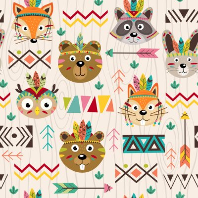 Papier peint à motif  Motif transparent avec les visages des animaux tribaux - illustration vectorielle, eps