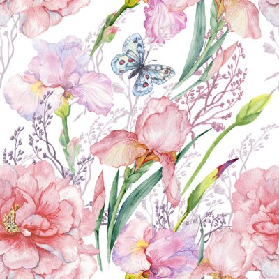 Papier peint à motif  motif transparent .irises peonies fleurs butterfly.exotic print fabric, Wallpaper.watercolor illustration.