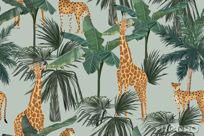 Papier peint à motif  Motif tropical avec des girafes