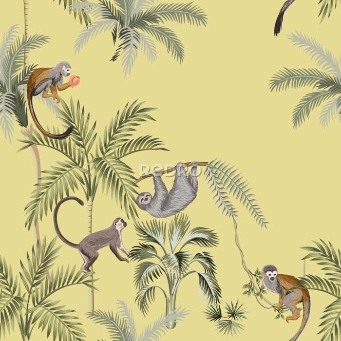 Papier peint à motif  Motif tropical avec des singes sur des palmiers