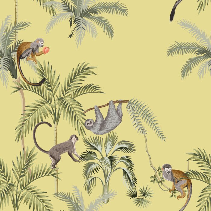Papier peint à motif  Motif tropical avec des singes sur des palmiers
