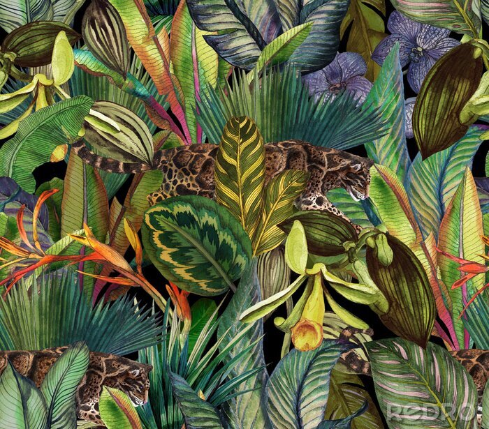 Papier peint à motif  Motif tropical avec un léopard entre des plantes exotiques