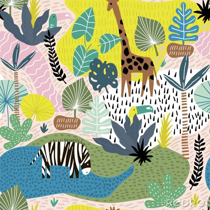Papier peint à motif  Motif tropical coloré avec des animaux de safari