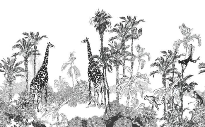 Papier peint à motif  Motif tropical noir et blanc avec des girafes