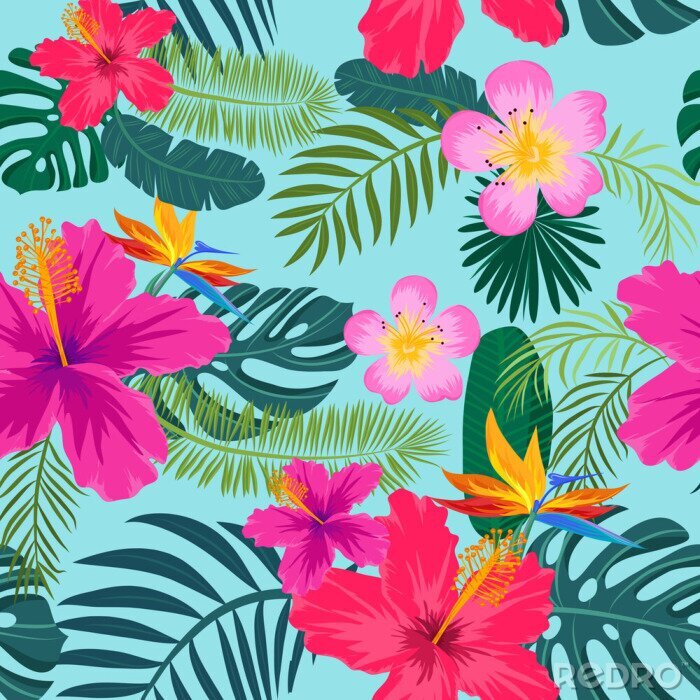 Papier peint à motif  Motif tropical sans soudure avec feuilles de palmier et fleurs