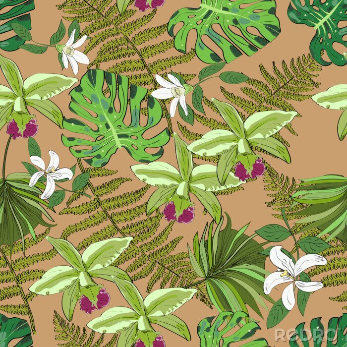 Papier peint à motif  Motif vectoriel sans couture de fleurs et de feuilles dessinées exotiques. Contexte tropical.