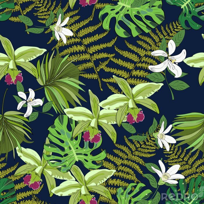 Papier peint à motif  Motif vectoriel sans couture de fleurs et de feuilles dessinées exotiques. Contexte tropical.