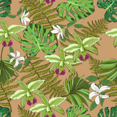 Papier peint à motif  Motif vectoriel sans couture de fleurs et de feuilles dessinées exotiques. Contexte tropical.