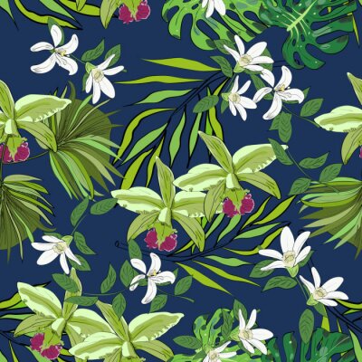 Papier peint à motif  Motif vectoriel sans couture de fleurs et de feuilles dessinées exotiques. Contexte tropical.