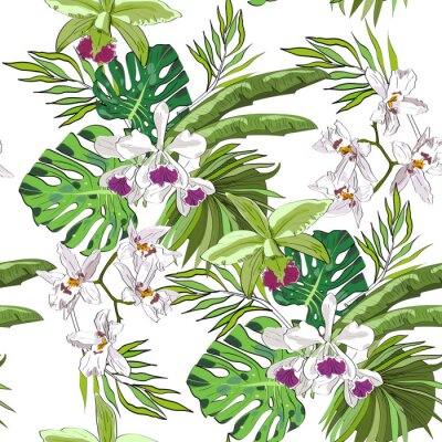 Papier peint à motif  Motif vectoriel sans couture de fleurs et de feuilles dessinées exotiques. Contexte tropical.