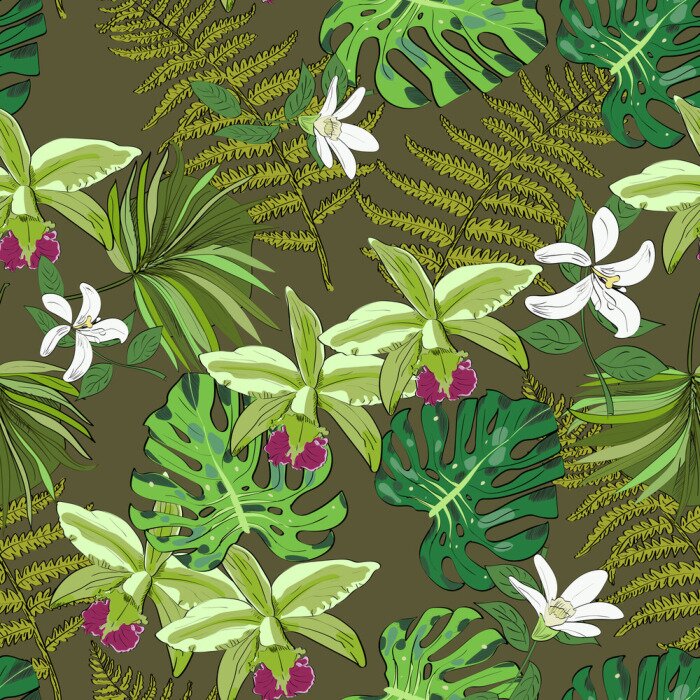 Papier peint à motif  Motif vectoriel sans couture de fleurs et de feuilles dessinées exotiques. Contexte tropical.