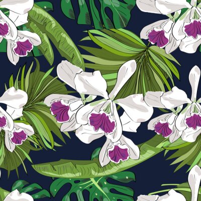 Papier peint à motif  Motif vectoriel sans faille de fleurs et de feuilles exotiques dessinées à la main. Contexte tropical.