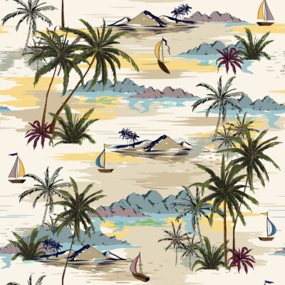 Papier peint à motif  Motif Vintage belle île sans couture sur fond blanc. Paysage avec palmiers, plage et océan vecteur style dessiné à la main